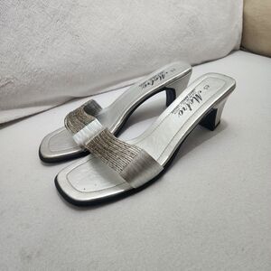 Metro Silver Metallic Slide Mules with Textured Band